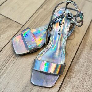 NWOT! SHOELAND Holographic Iridescent Square Toe Block Low Heels